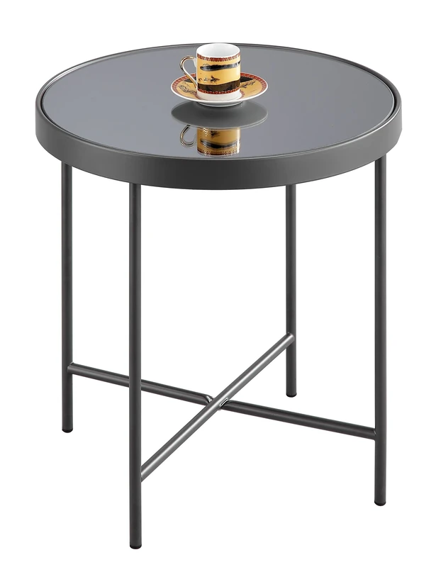 ASPECT FINO Glass Round Side Coffee End Lamp Table, Steel Anthracite/Grey Mirror, 42.5 x 42.5 x 46 cm