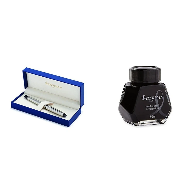 Waterman Expert Fountain pen Stainless Steel Chrome Trim Medium Nib with Fountain Pen Ink Bottle (BLACK)