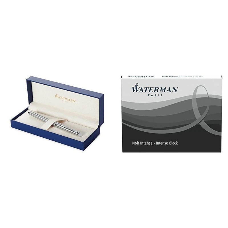 Waterman Hemisphere Foutain Pen Stainless Steel Chrome Trim Medium Nib with 2 packs of Standard Size Ink Cartridges Permanent Black