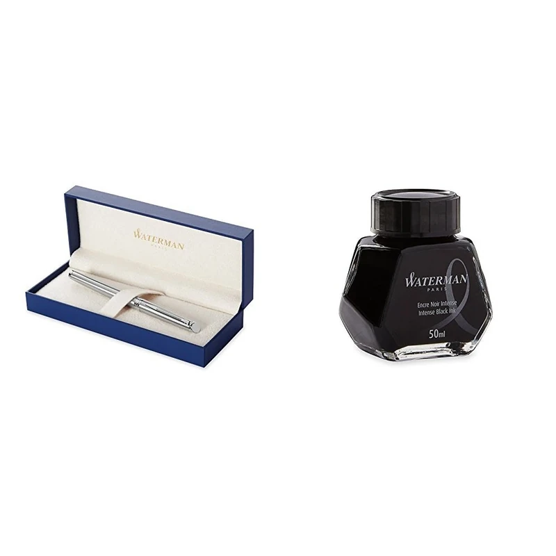 Waterman Hemisphere Foutain Pen Stainless Steel Chrome Trim Medium Nib with Fountain Pen Ink Bottle (BLACK)
