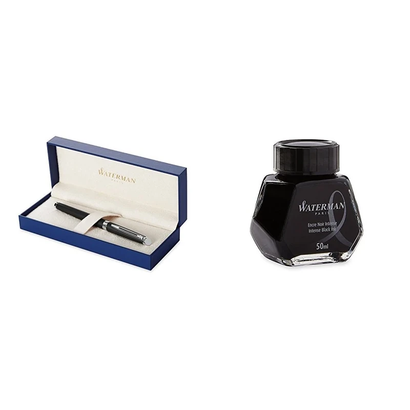 Waterman Hemisphere Foutain Pen Matte Black Chrome Trim Fine Nib with Fountain Pen Ink Bottle (BLACK)