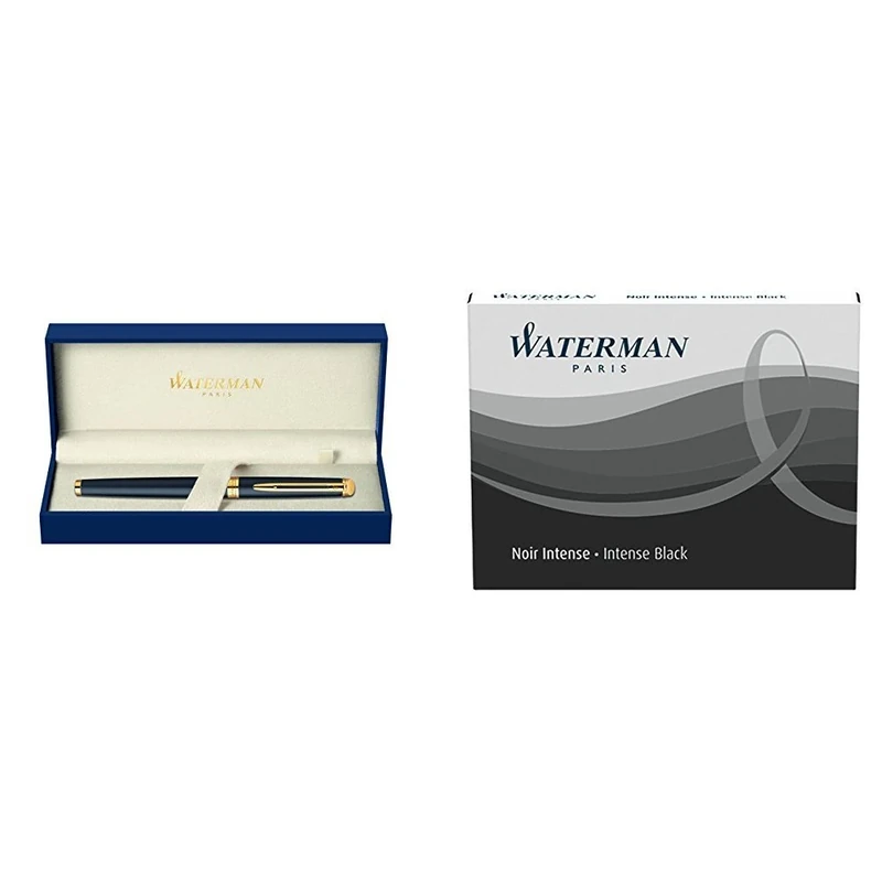 Waterman Hemisphere Foutain Pen Matte Black Gold Trim Fine Nib with 2 packs of Standard Size Ink Cartridges Permanent Black