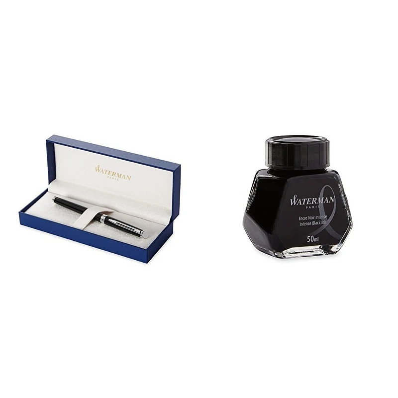 Waterman Hemisphere Foutain Pen Black Chrome Trim Medium Nib with Fountain Pen Ink Bottle (BLACK)