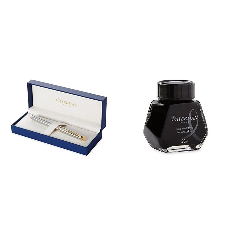 Waterman Hemisphere Foutain Pen Stainless Steel Gold Trim Fine Nib with Fountain Pen Ink Bottle (BLACK)