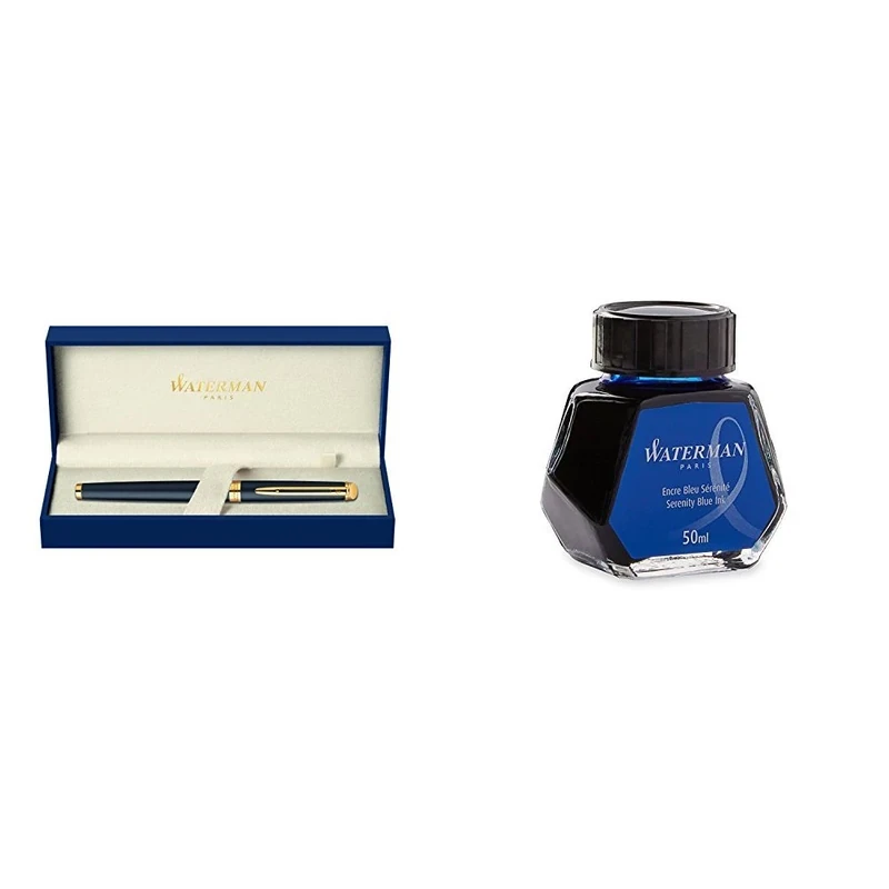 Waterman Hemisphere Foutain Pen Matte Black Gold Trim Fine Nib with Fountain Pen Ink Bottle (SERENITY BLUE)