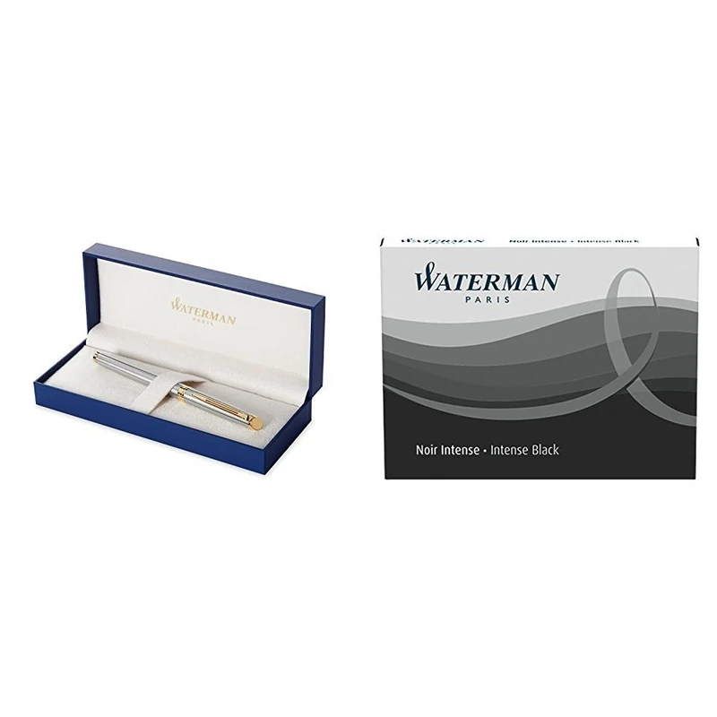 Waterman Hemisphere Foutain Pen Stainless Steel Gold Trim Fine Nib with 2 packs of Standard Size Ink Cartridges Permanent Black
