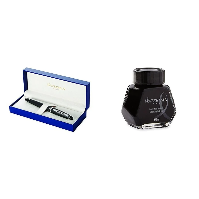 Waterman Expert Fountain pen Matte Black Medium Nib with Fountain Pen Ink Bottle (BLACK)