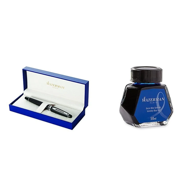 Waterman Expert Fountain pen Matte Black Medium Nib with Fountain Pen Ink Bottle (SERENITY BLUE)