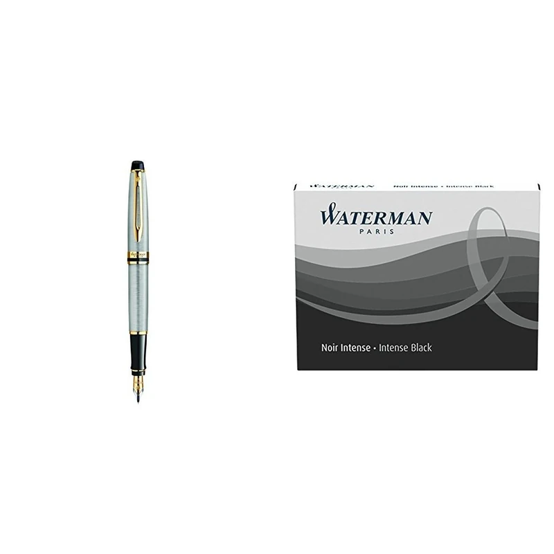 Waterman Expert Fountain pen Stainless Steel Gold Trim Medium Nib with 2 packs of Standard Size Ink Cartridges Permanent Black
