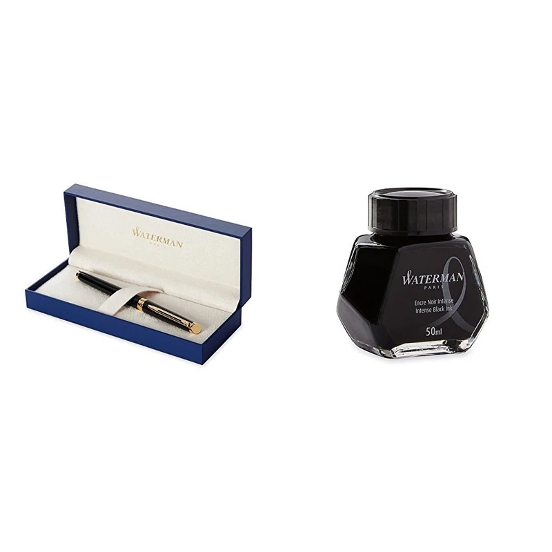 Waterman Hemisphere Foutain Pen Black Gold Trim Fine Nib with Fountain Pen Ink Bottle (BLACK)