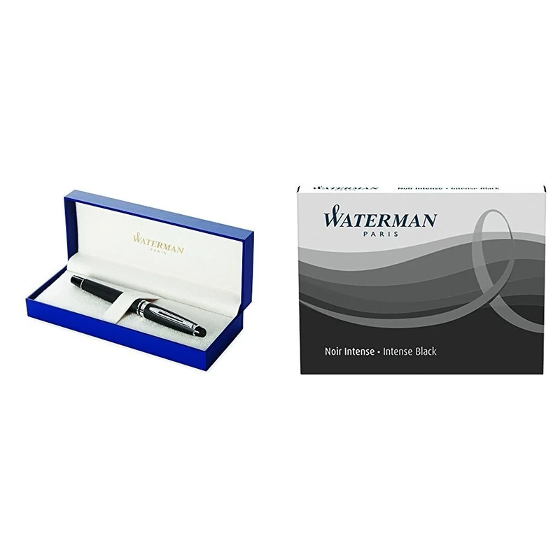 Waterman Expert Fountain pen Matte Black Medium Nib with 2 packs of Standard Size Ink Cartridges Permanent Black