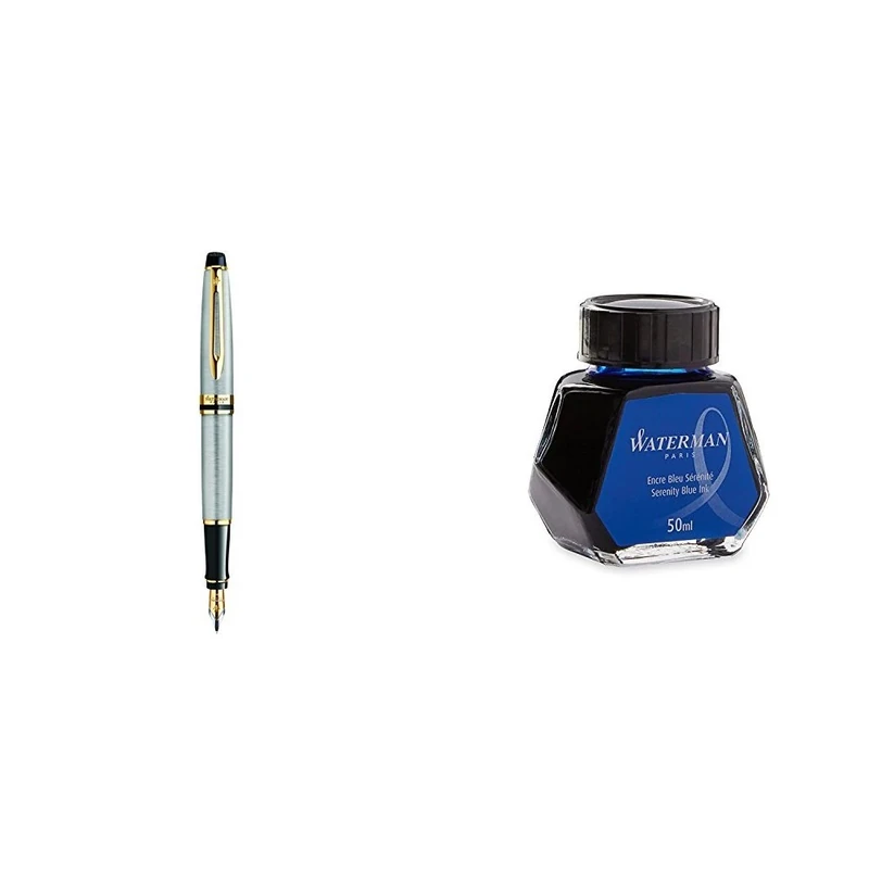 Waterman Expert Fountain pen Stainless Steel Gold Trim Medium Nib with Fountain Pen Ink Bottle (SERENITY BLUE)