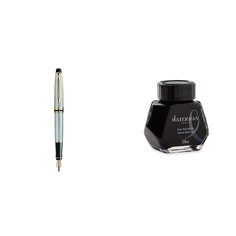 Waterman Expert Fountain pen Stainless Steel Gold Trim Medium Nib with Fountain Pen Ink Bottle (BLACK)
