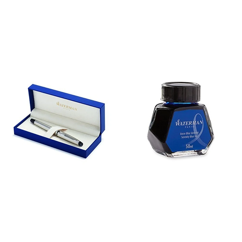 Waterman Expert Fountain pen Stainless Steel Chrome Trim Medium Nib with Fountain Pen Ink Bottle (SERENITY BLUE)