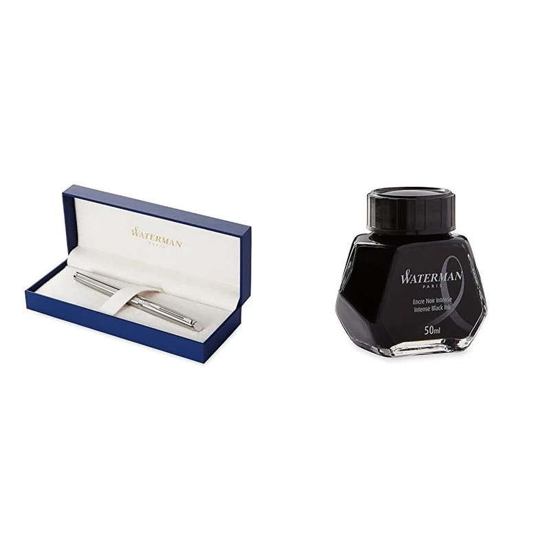 Waterman Hemisphere Foutain Pen Stainless Steel Chrome Trim Fine Nib with Fountain Pen Ink Bottle (BLACK)