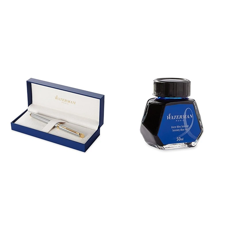 Waterman Hemisphere Foutain Pen Stainless Steel Gold Trim Fine Nib with Fountain Pen Ink Bottle (SERENITY BLUE)