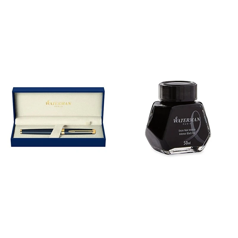 Waterman Hemisphere Foutain Pen Matte Black Gold Trim Fine Nib with Fountain Pen Ink Bottle (BLACK)