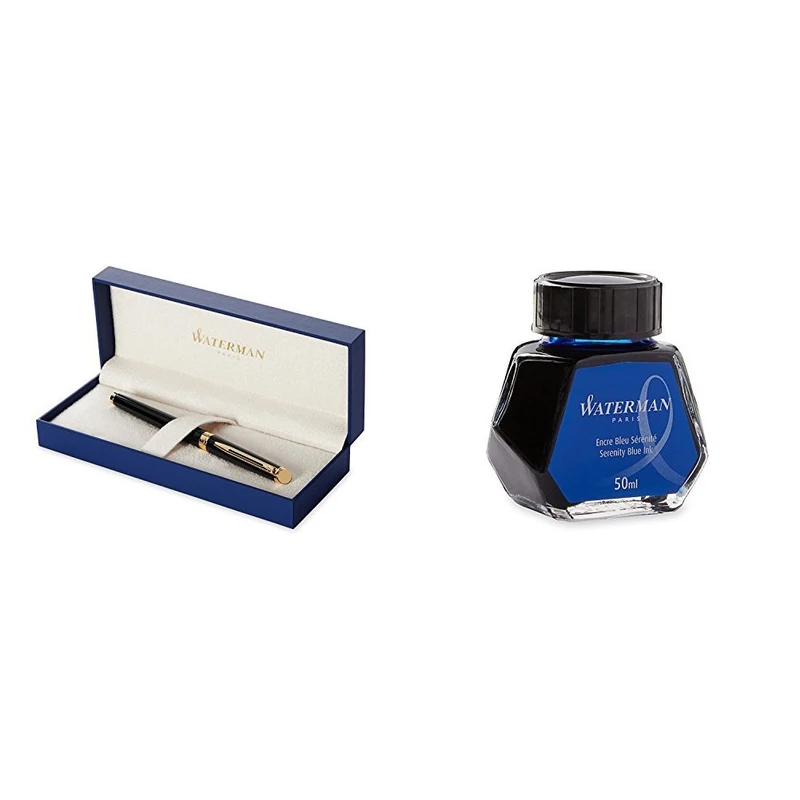 Waterman Hemisphere Foutain Pen Black Gold Trim Medium Nib with Fountain Pen Ink Bottle (SERENITY BLUE)