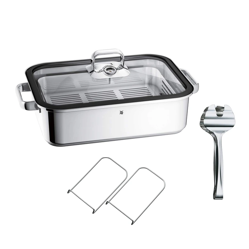 WMF Vitalis Aroma Induction Steamer 41 x 27 x 10 cm Casserole Dish 6.5 L Serving Tongs Glass Lid Silicone Edge Thermometer Cooking Tray Casserole Dish Stainless Steel Uncoated