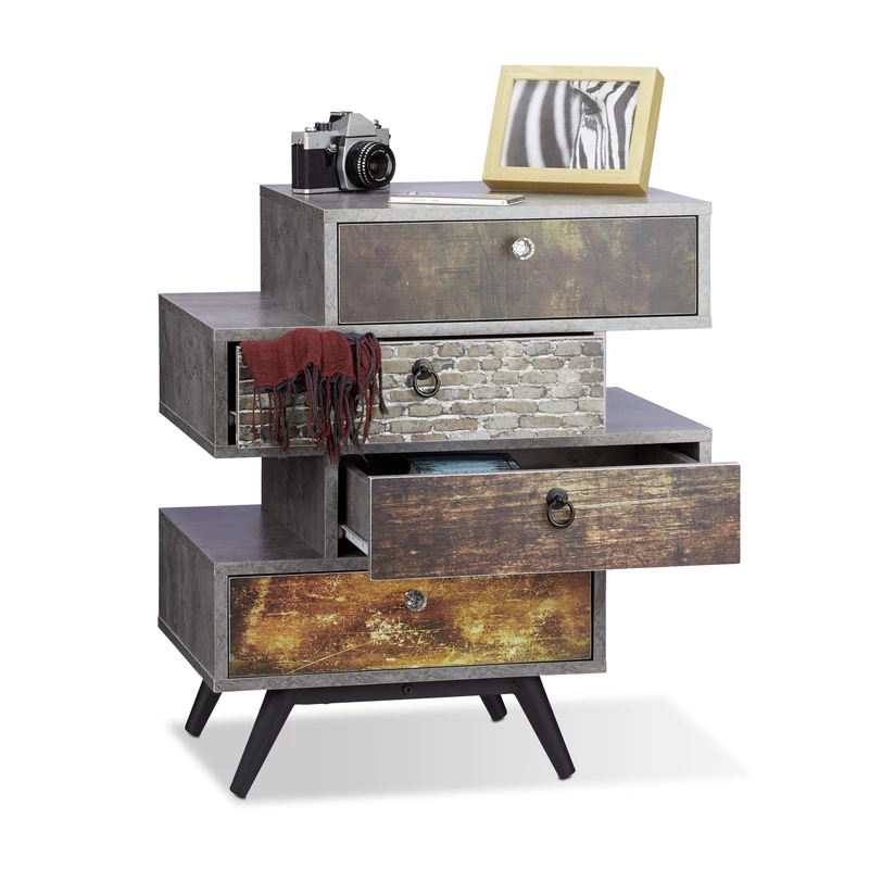 Relaxdays Vintage Dresser with 4 Drawers, Chest of Drawers with Print, Concrete Design Sideboard, HWD: 68 x 60 x 40 cm, Grey - Image 1