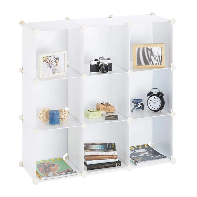 Relaxdays Shelving System, Plastic Room Divider, Standing Shelf with 9 Compartments, 95 x 95 x 32 cm, White