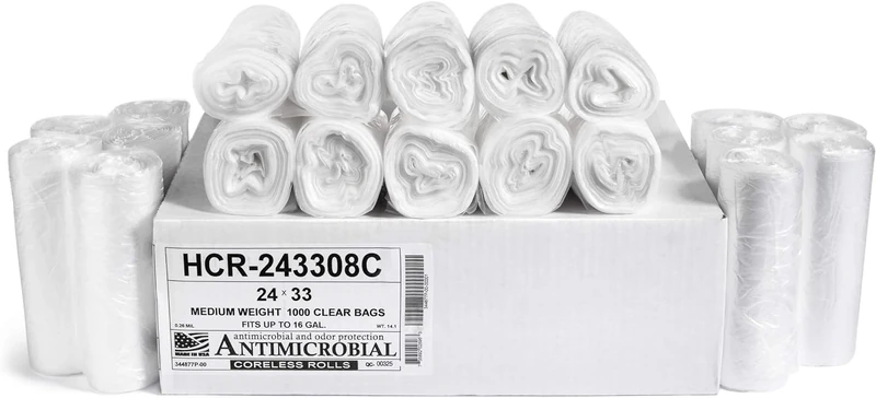 Aluf Plastics HCR-243308C High Density Star Sealed Coreless Roll Bags, 13 gal, Polyethylene, 24" x 33", Clear (Pack of 1000)