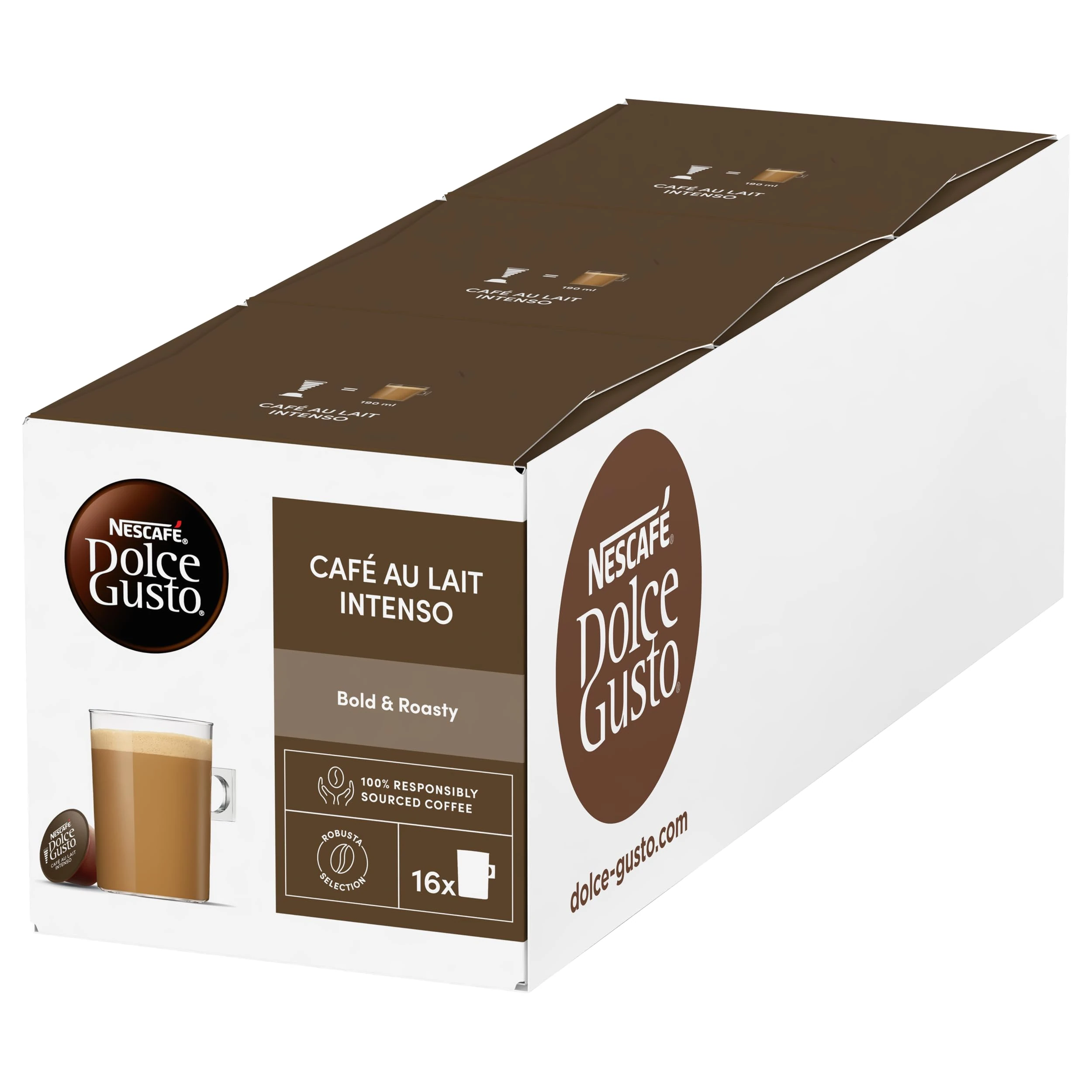NESCAFÉ Dolce Gusto Café Au Lait Intenso Coffee Pods, Bold & Roasty, 3 Packs of 16 Capsules (Total 48 Drinks)