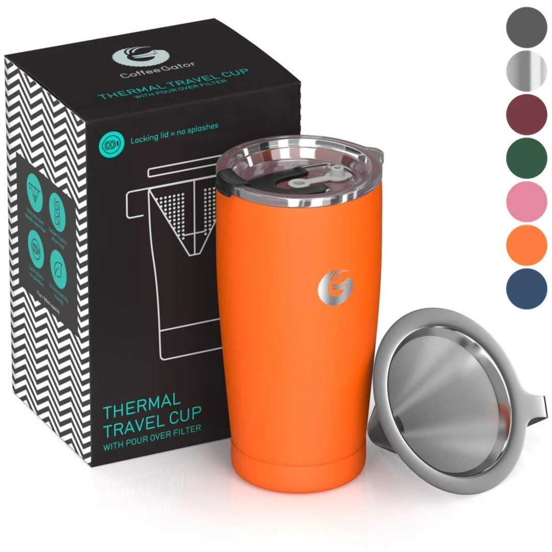 Coffee Gator Insulated Coffee Cup with Paperless Filter, All-in-One Hand Drip Coffee Maker with Filter, Thermal Stainless Steel Travel Cup for Hot Drinks - 585ml / 20oz (Orange)