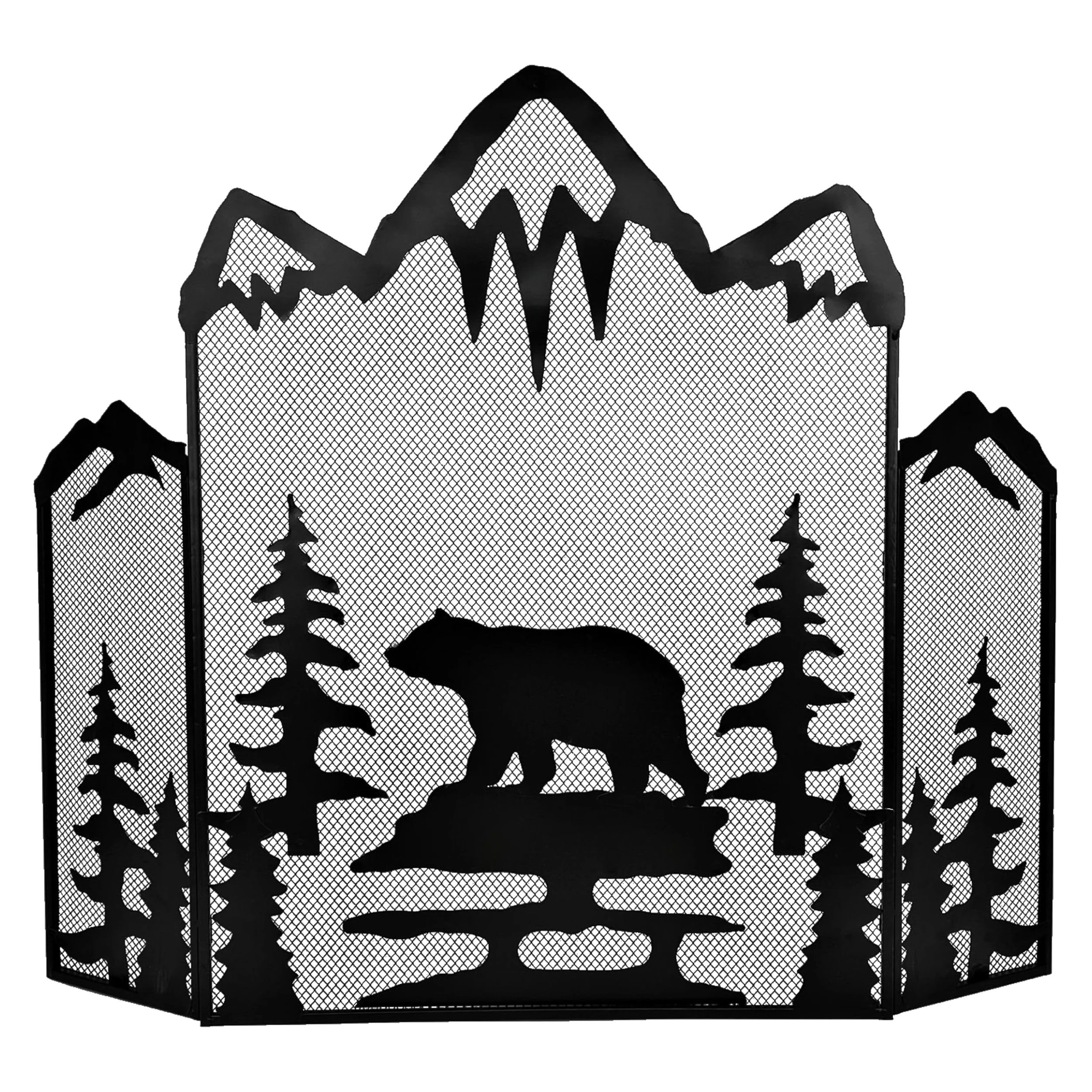 Rustic Black Metal Foldable Fireplace Screen Featuring a Majestic Mountain Bear - 3-Panel Western Country Style Fireplace Cover - Free Standing Functional Spark Guard - Firebacks Metal Mesh Cover