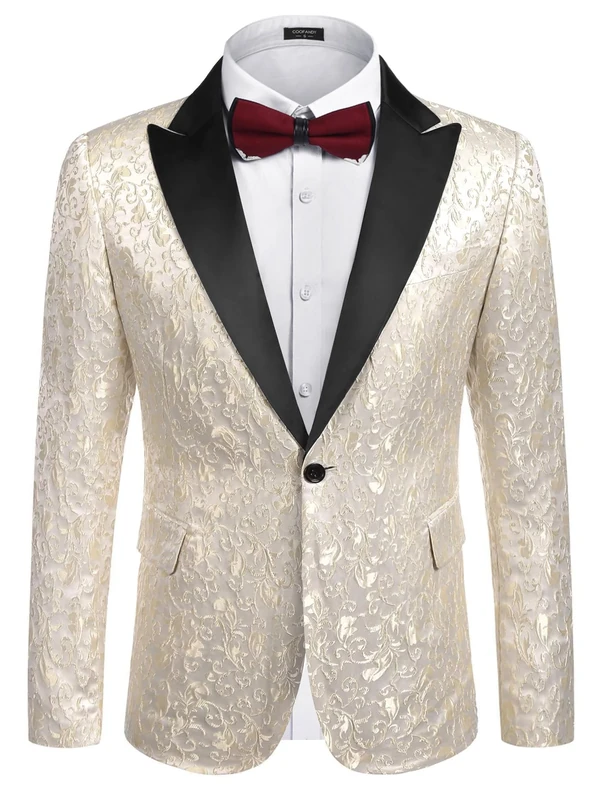 Coofandy Mens Floral Blazer Suit Jacket Dinner Party Prom Wedding Stylish Tuxedo, 1 - Beige White, L