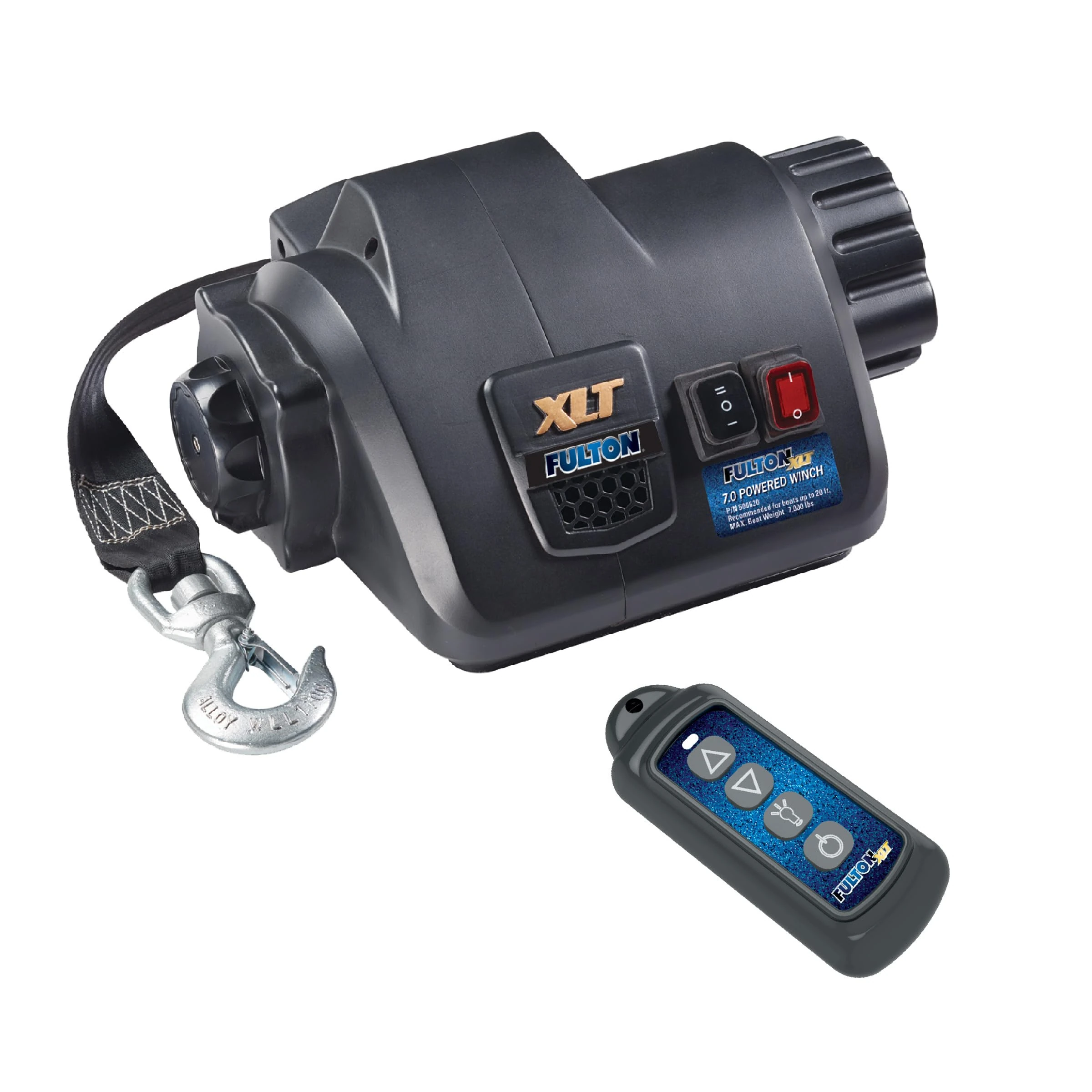 Fulton 500621 XLT Marine Trailer Winch, Powered, 10,000 lbs. Capacity, 15 Foot Strap, Wireless Remote Included, Compatible with Boats Up to 20ft and 7,000lb