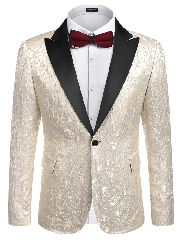 Coofandy Men's Paisley Tuxedo Jacket One Button Dress Suit Jacket Floral Blazer for Dinner Party Prom Wedding, 1 - Beige White, XL