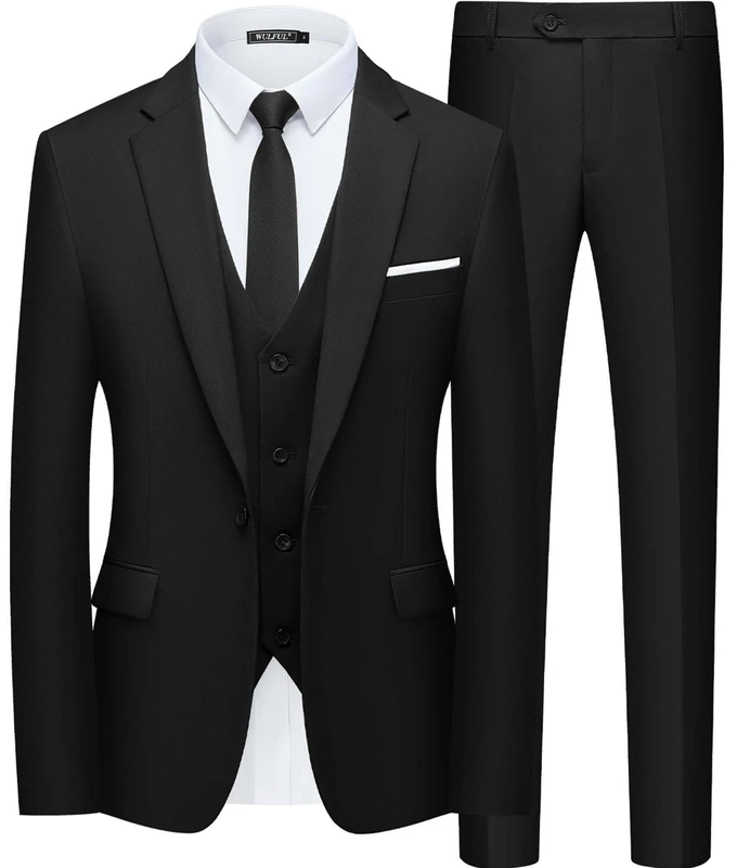WULFUL Men’s Slim Fit Suit One Button 3-Piece Blazer Dress Business Wedding Party Jacket Vest & Pant, Black, S