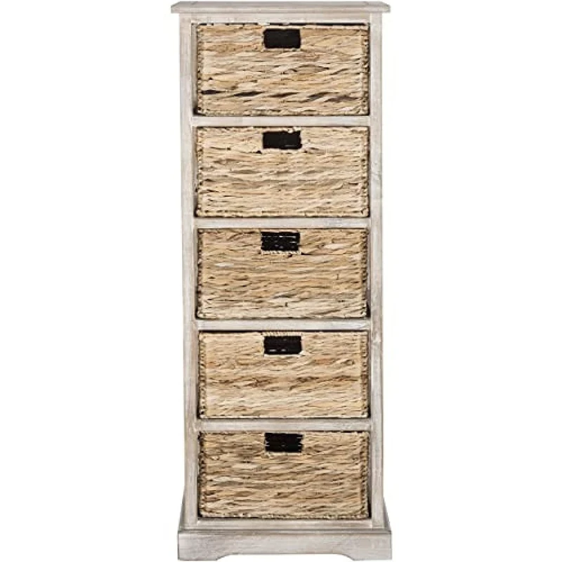 SAFAVIEH Contemporary Wooden Storage Tower with 5 Baskets, in Vintage White, 35 X 45 X 115