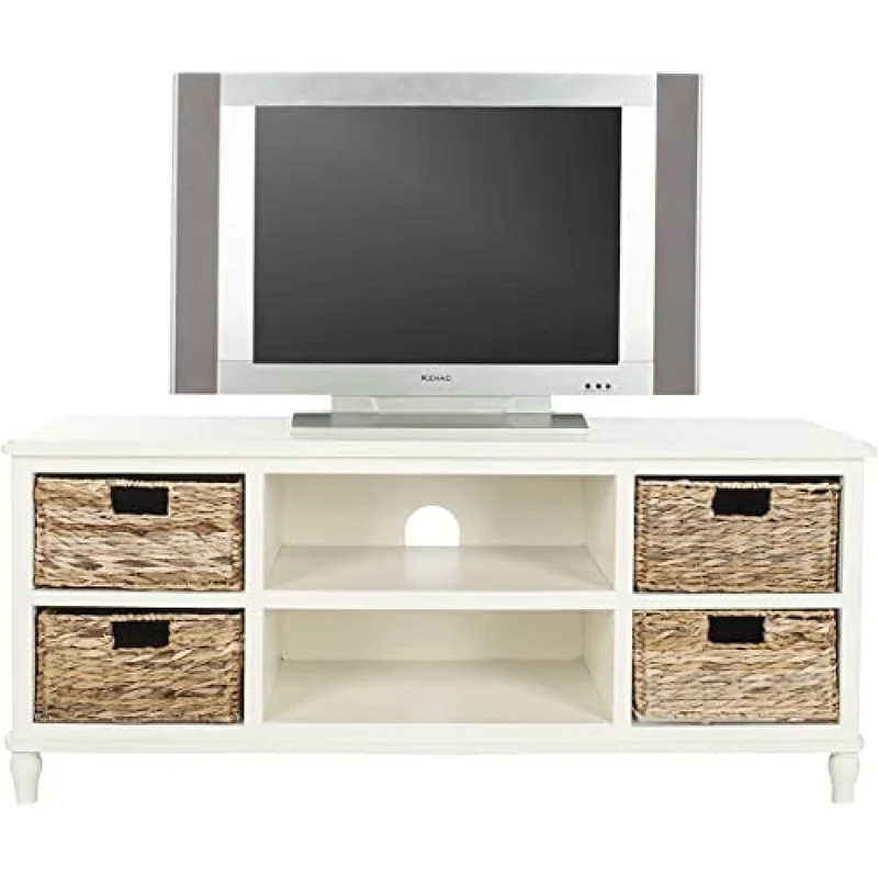 SAFAVIEH Modern Wooden Entertainment Stand with Storage, in Distressed and White, 40 X 120 X 50