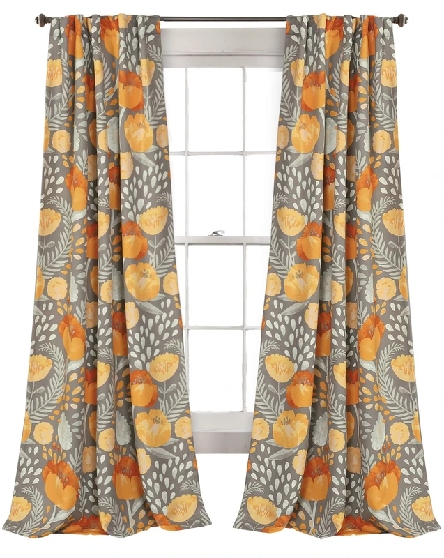 Lush Decor Poppy Garden Curtains Room Darkening Window Panel Set for Living, Dining, Bedroom, 84" L Pair, Yellow & Gray