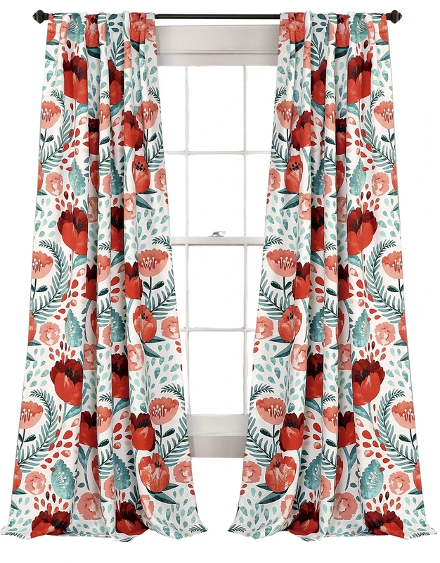 Lush Decor Poppy Garden Curtains Room Darkening Window Panel Set for Living, Dining, Bedroom, 84" L Pair, Multi