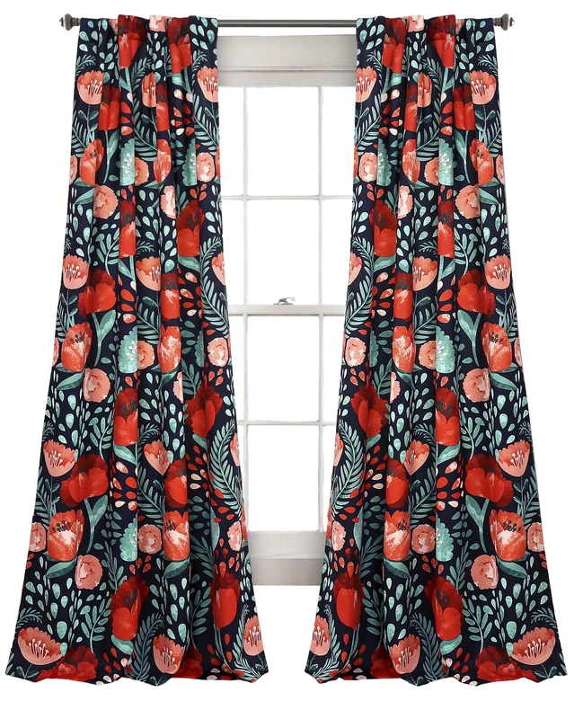 Lush Decor Poppy Garden Curtains Room Darkening Window Set for Living, Dining, Bedroom, 84 in L Panel Pair, Navy