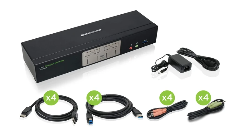 IOGEAR 4-Port 4K DisplayPort KVM Switch with Dual Video Out, RS-232 Command Control, Black, Push Button Actuator, ON-OFF-ON Operation Mode - Image 1