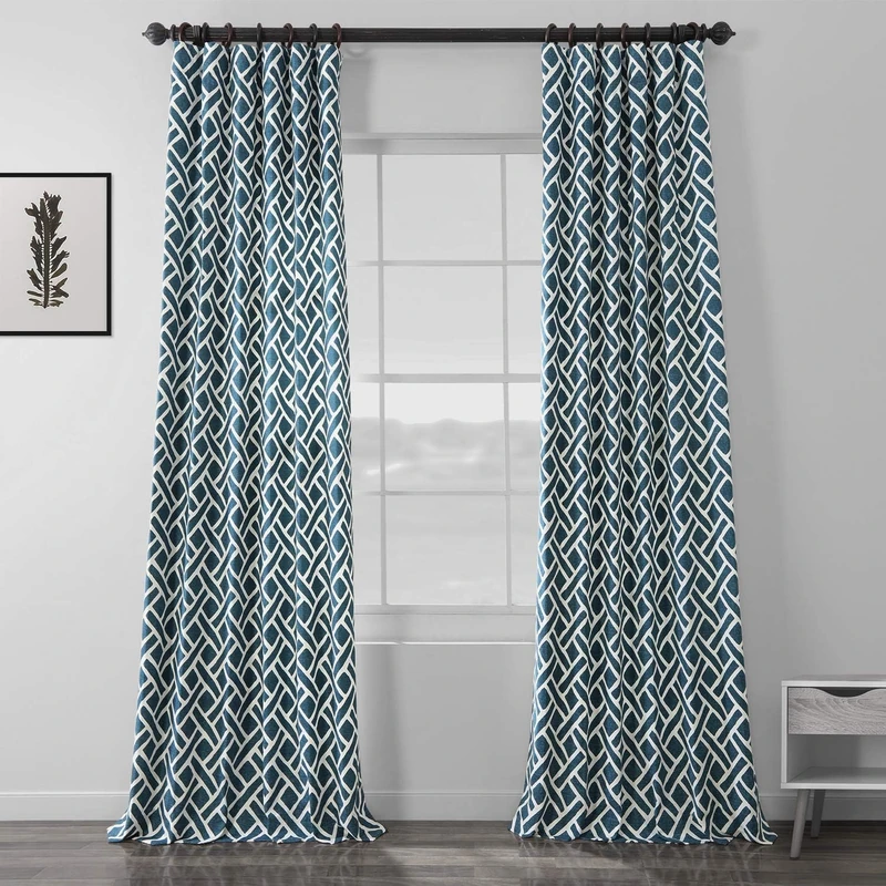 HPD Half Price Drapes Printed Cotton Curtain (1 Panel), Martinique Blue, 50 X 96