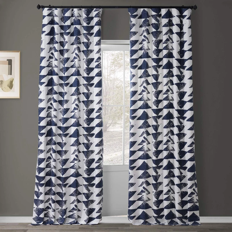 HPD Half Price Drapes Triad Printed Cotton Twill Curtain, indigo, 50 X 84
