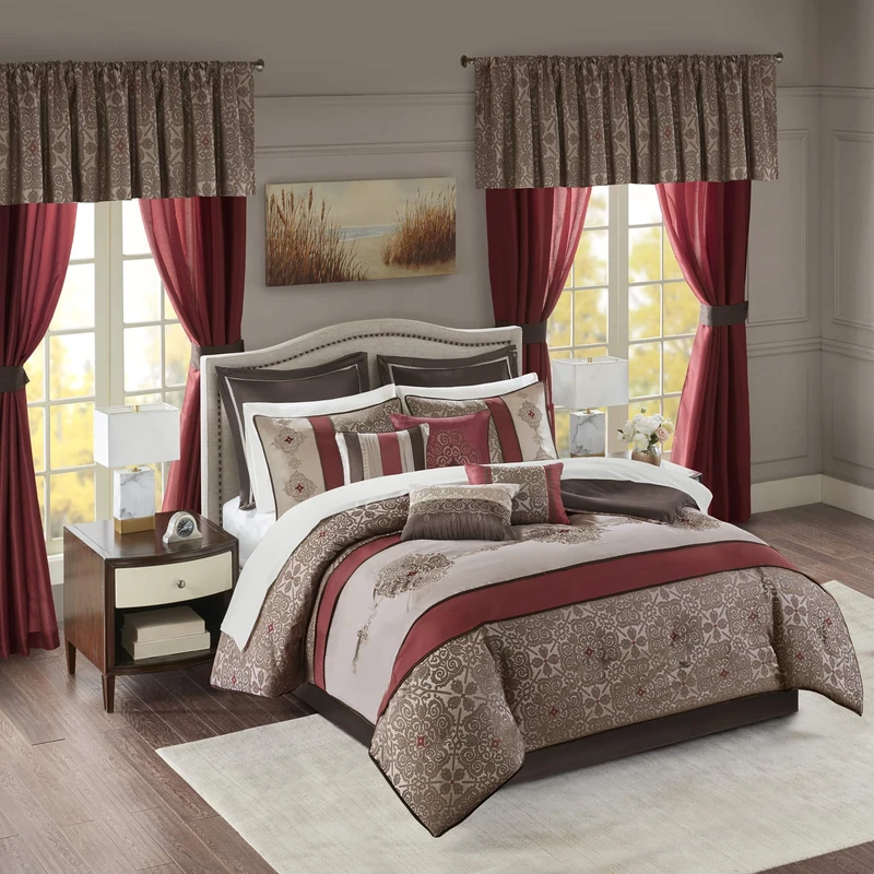 Madison Park All Season Luxury Bedding, Sheets, Decorative Pillows and Curtains, Valance, Polyester, Medallion Red, Cal King(104"x92")