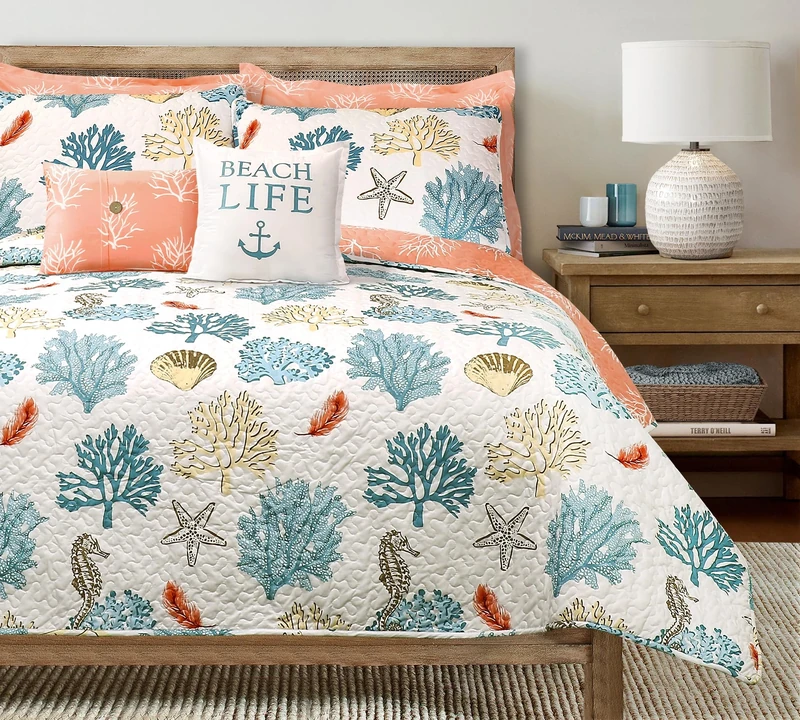 Lush Decor Blue and Coral Coastal Reef Quilt-Reversible 7 Piece Bedding Set with Feather Seashell Design-Full Queen
