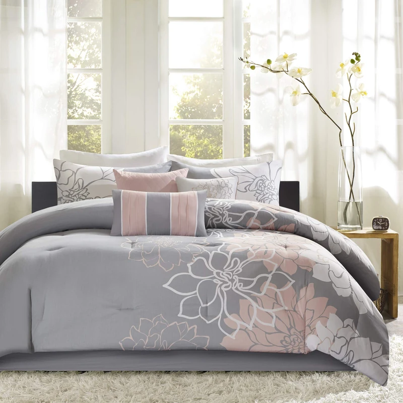 Madison Park All Season Down Alternative Bedding, Shams, Bedskirt, Decorative Pillows, Cotton Sateen, Grey/Blush, Cal King(104"x92")