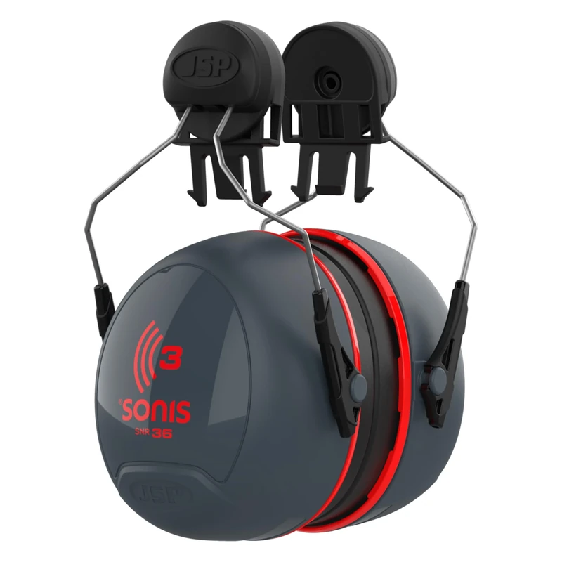 JSP SONIS 3 Mounted Ear Defenders - 36dB SNR - Grey/Red - Hearing Protection Earmuffs for Adults - Flexible & Comfortable Fit - Compatible Hard Hats - EN 352-3 - Image 1