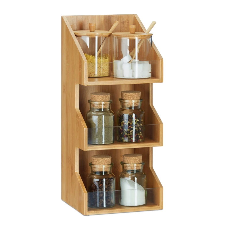 Relaxdays 3-Tier Bamboo Organizer, Office Stationery Filing Cabinet, Spice Rack, HWD 41 x 18 x 17 cm, Natural