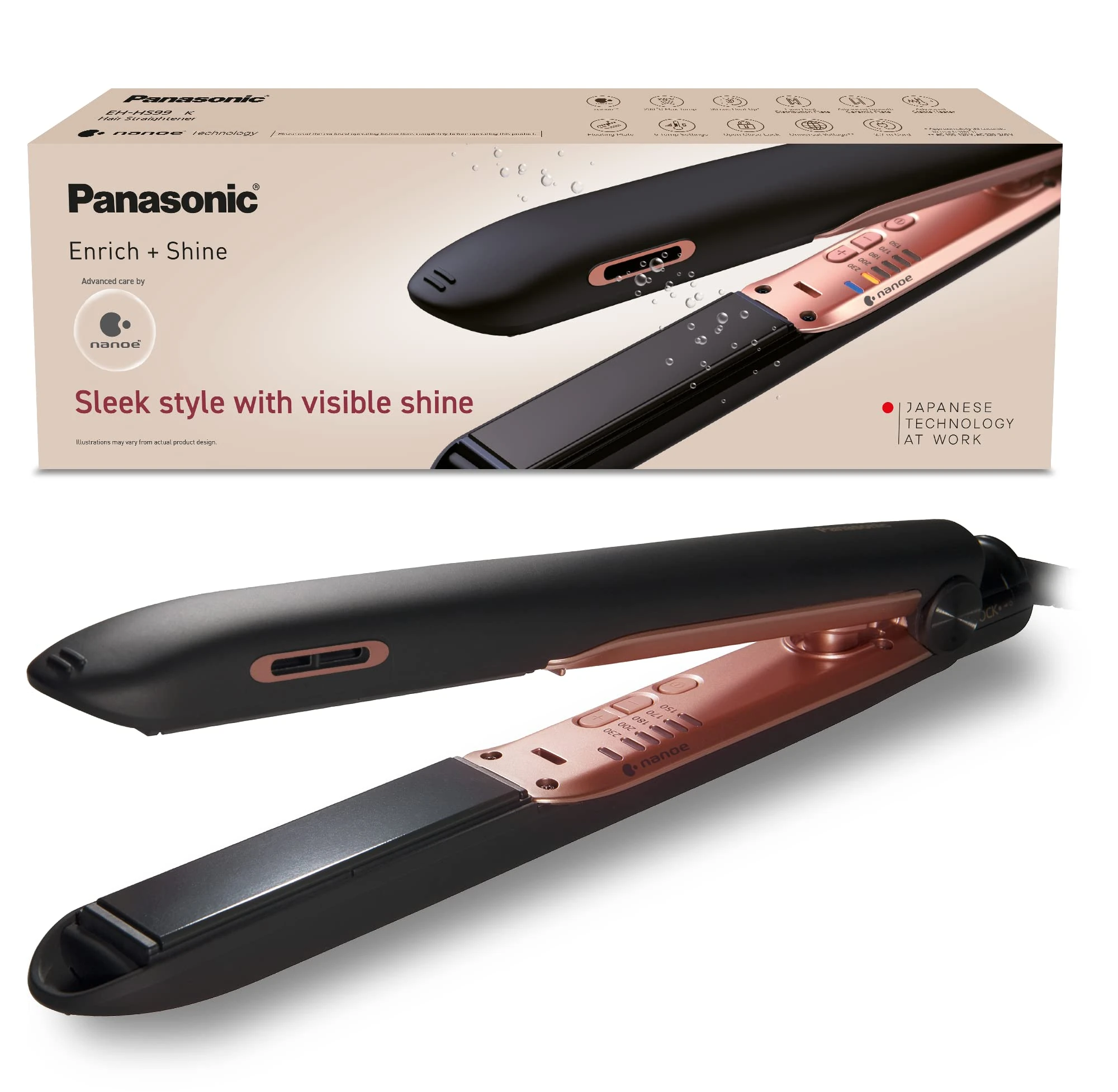 Panasonic EH-HS99 Nanoe Ceramic Hair Straightener for Improved Shine with Temperature Control (Black/Rose Gold)