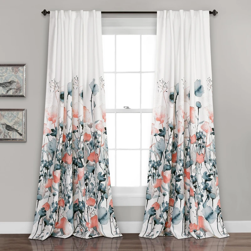 Lush DÉCOR Zuri Flora Curtains Light Filtering Window Panel Set for Living, Dining, Bedroom (Pair), 84 x 52 in, Blue and Coral, 2 Count
