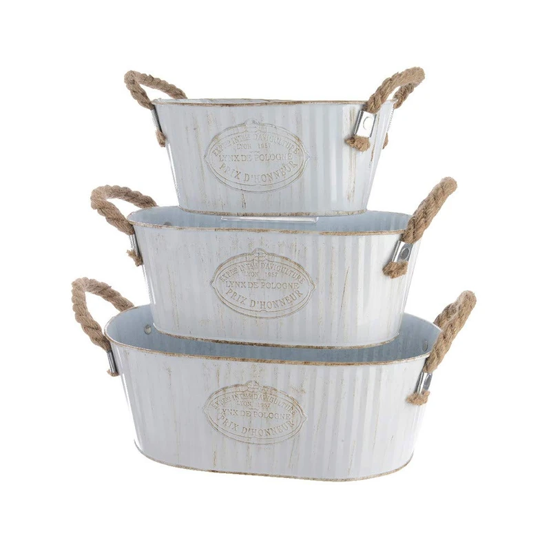 Decoris 83087 Oval Zinc Bucket with Rope Handle, 3 Units, Multicoloured