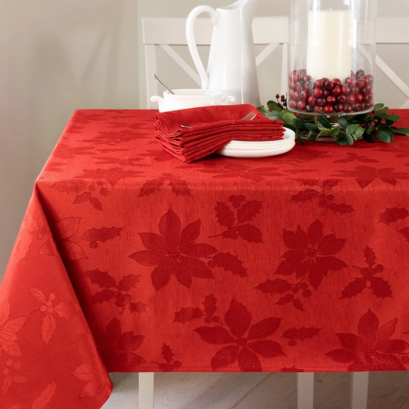 Benson Mills Poinsettia Legacy Damask Fabric Tablecloth for Christmas, Winter, and Holiday (Red, 60" X 120" Rectangular)